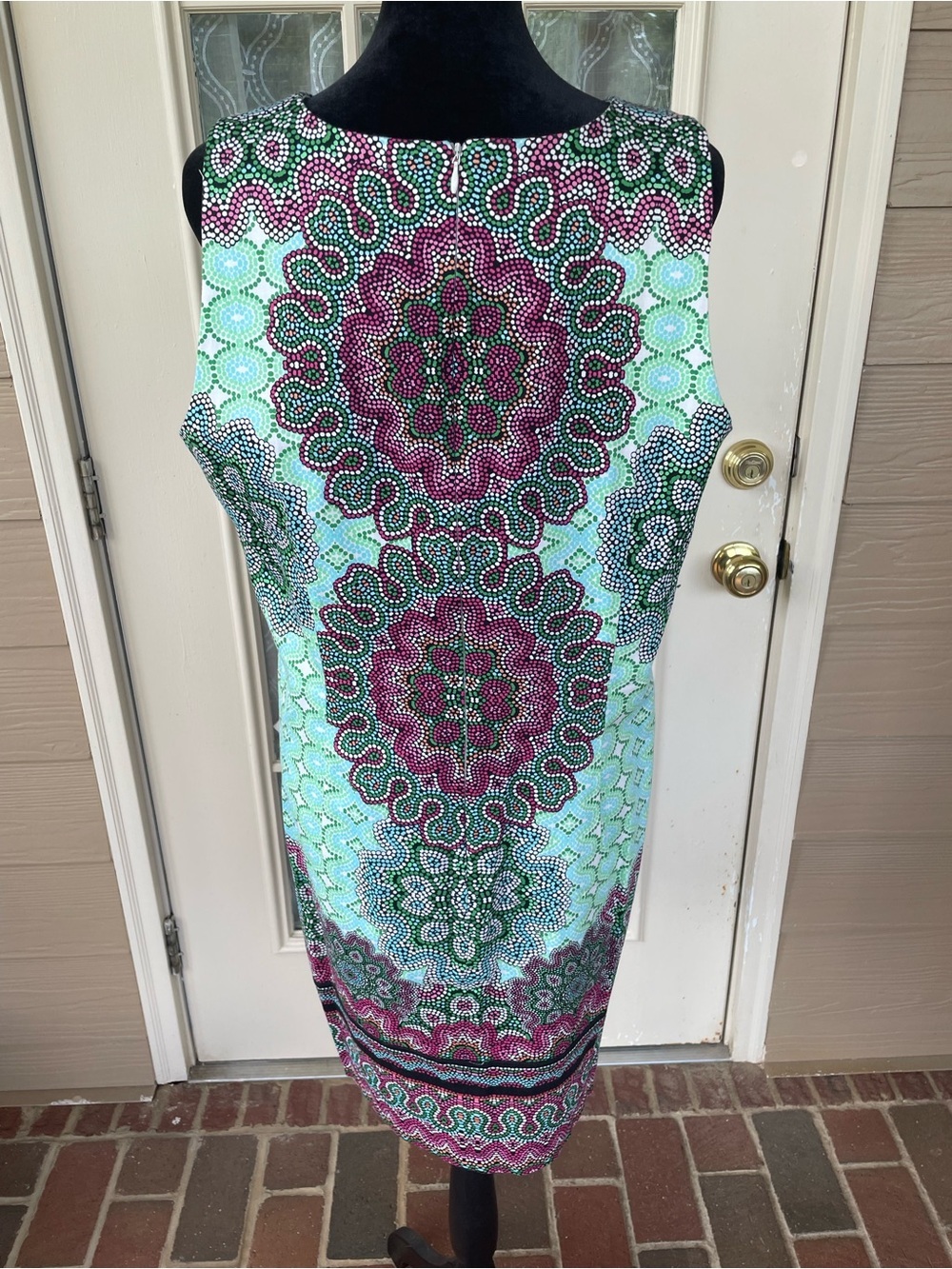 Maggy L W Sz 14 Mod Medallion Shift Dress Pink Green Sleeveless Lined ðŽ